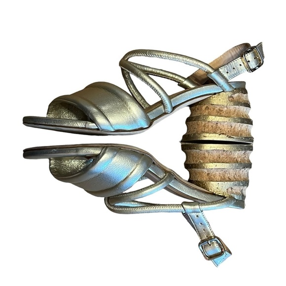 Paloma Barcelo Celia metallic platinum cork heels sandals Made in Spain - Picture 6 of 9